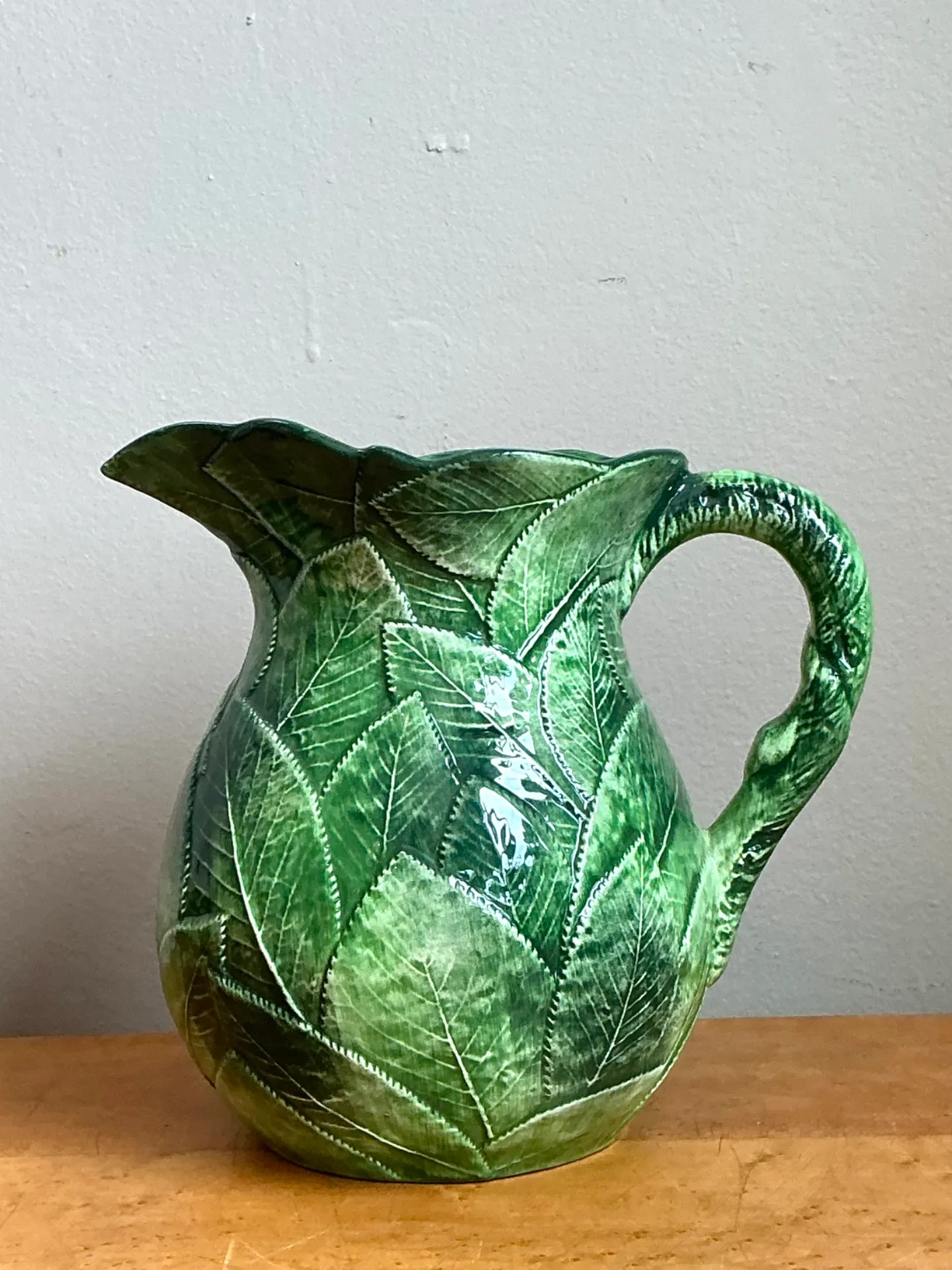 Vintage Green Leaf Motif Ceramic Pitcher — additional photo 5