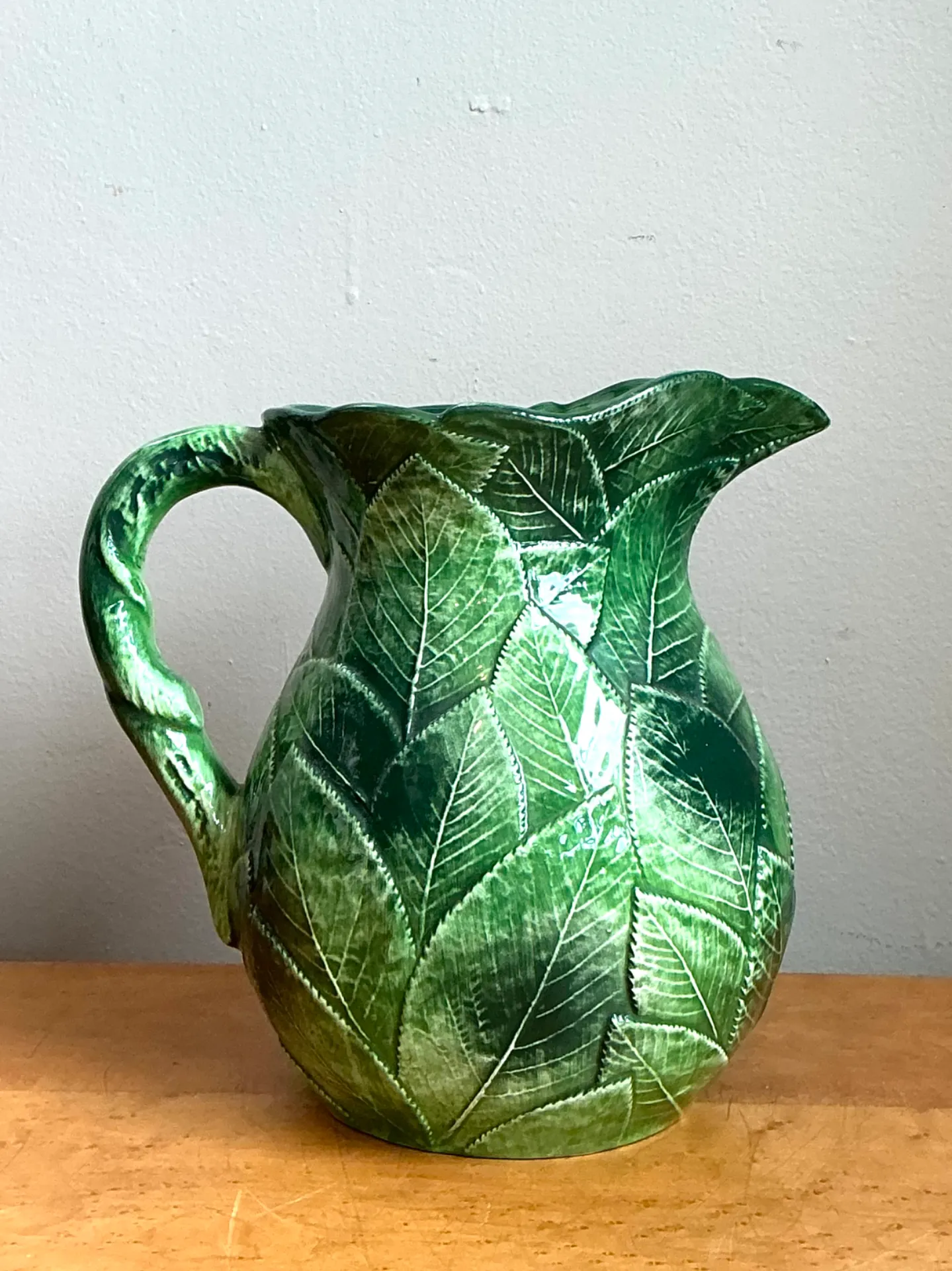 Vintage Green Leaf Motif Ceramic Pitcher — additional photo 2