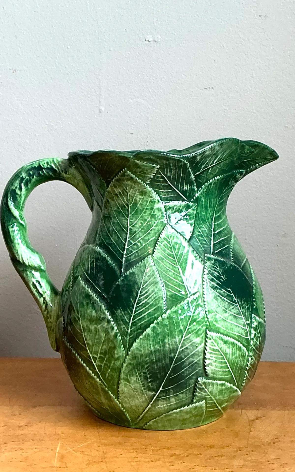 Vintage Green Leaf Motif Ceramic Pitcher — additional photo 2