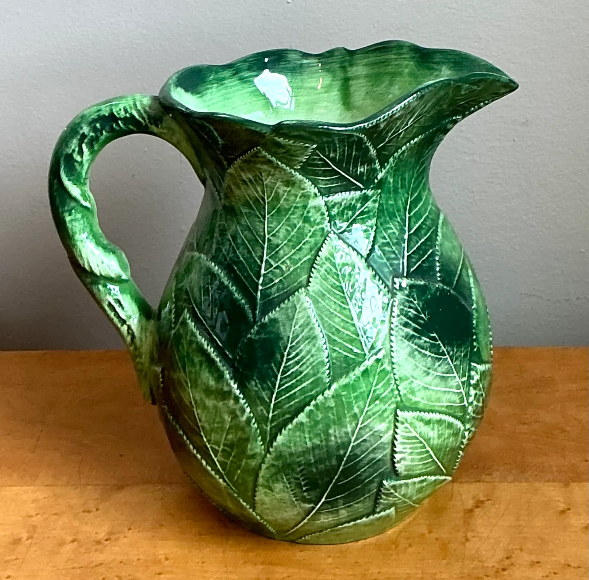 Vintage Green Leaf Motif Ceramic Pitcher — additional photo 7