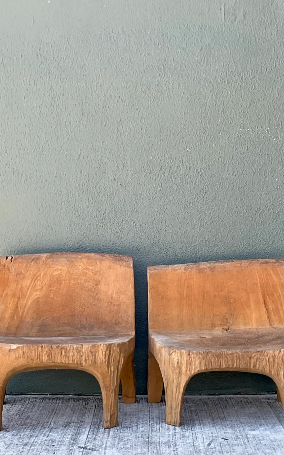 Vintage Carved Wood Low Stools - Pair