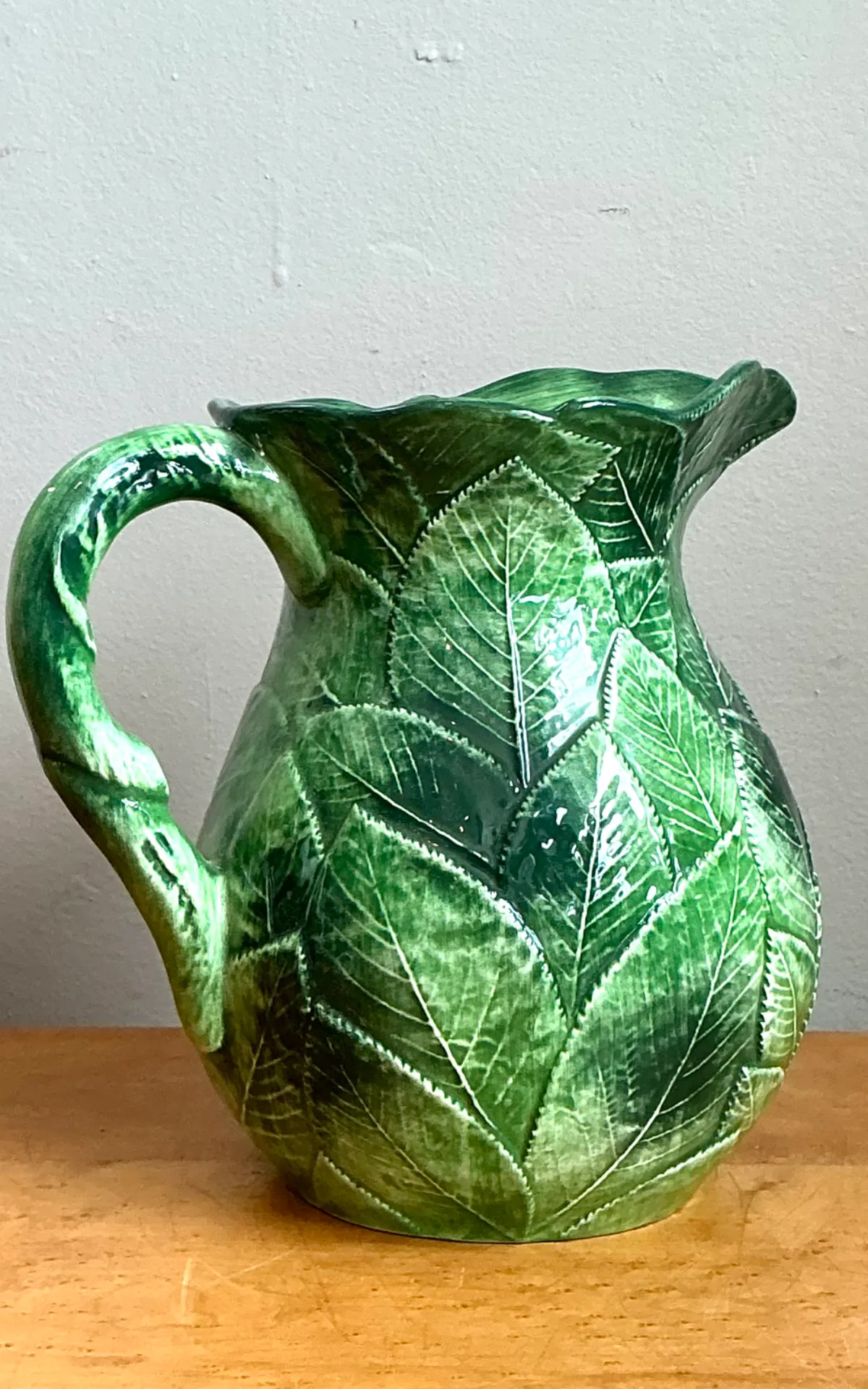 Vintage Green Leaf Motif Ceramic Pitcher