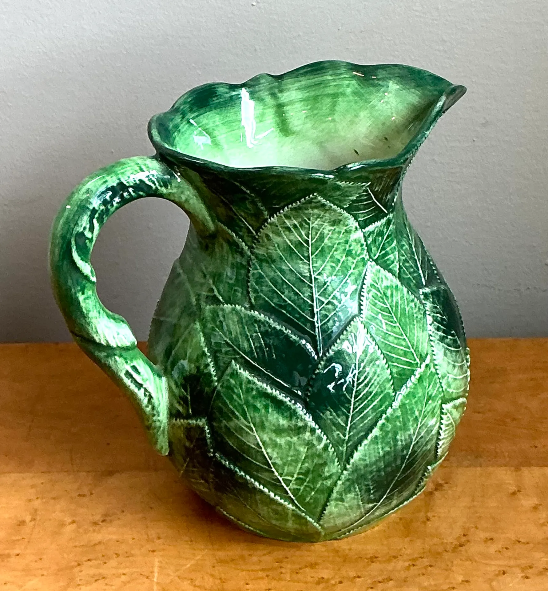 Vintage Green Leaf Motif Ceramic Pitcher — additional photo 3