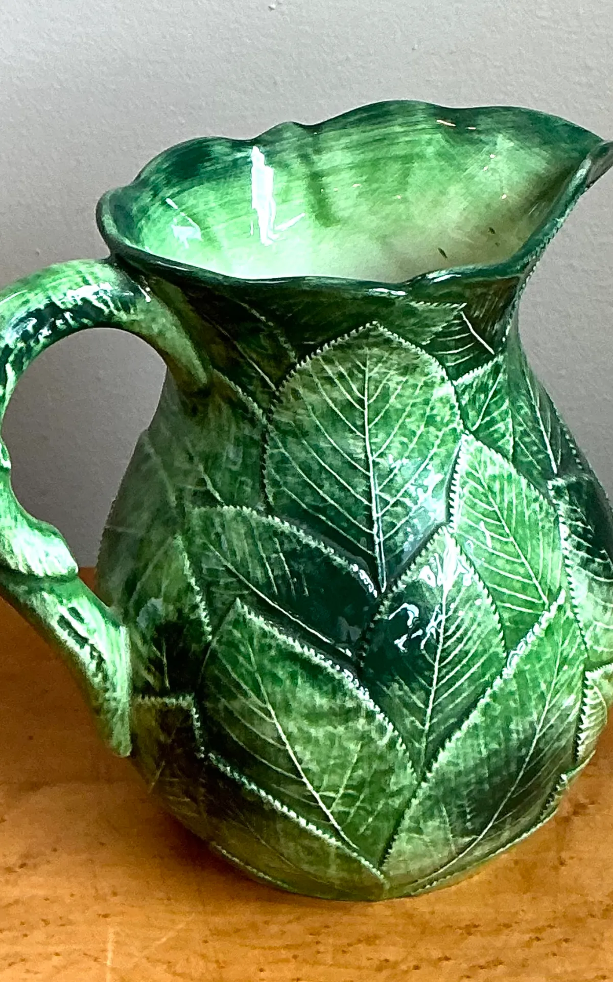 Vintage Green Leaf Motif Ceramic Pitcher — additional photo 3