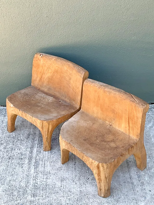 Vintage Carved Wood Low Stools - Pair — additional photo 2
