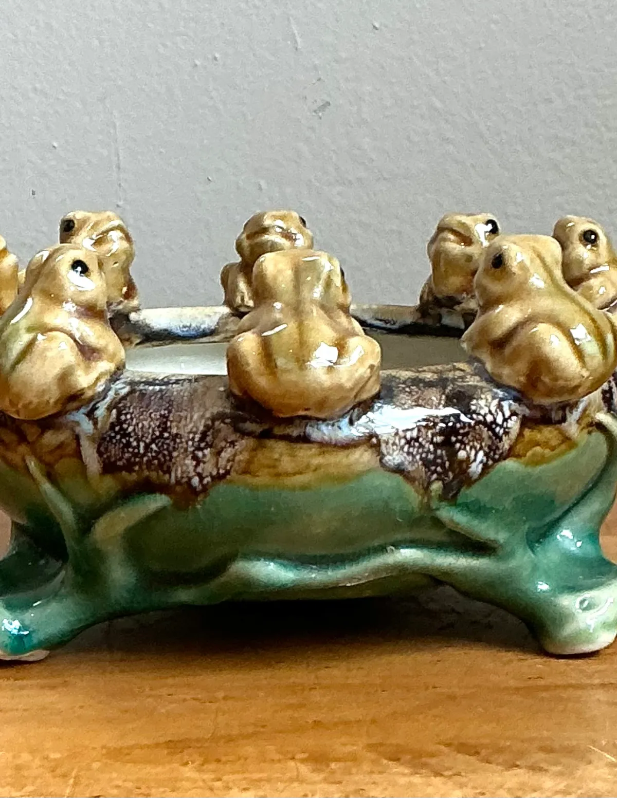 Vintage Green and Brown Frog Ceramic Dish