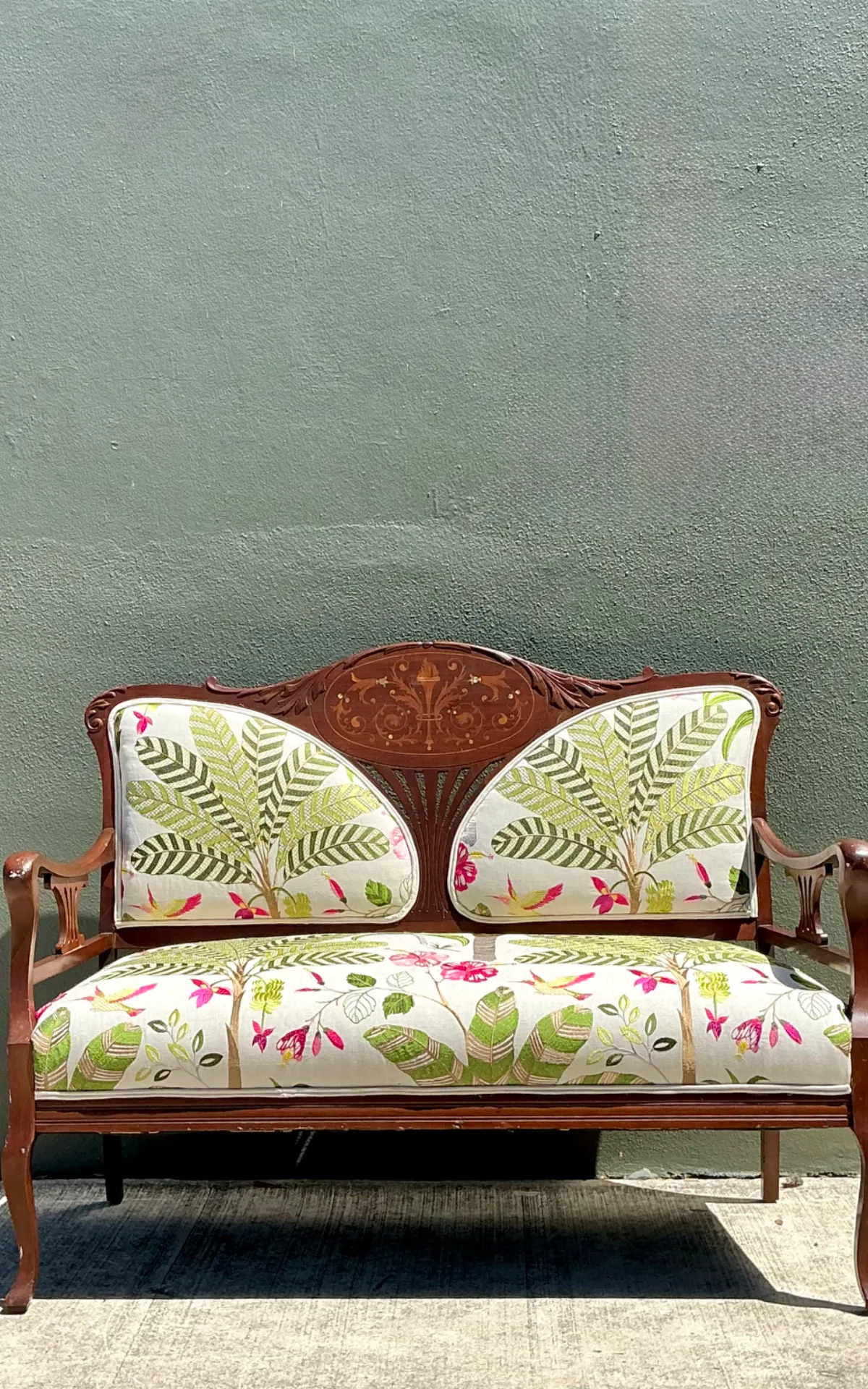 Vintage Carved Wood Settee with Embroidered Botanical Upholstery — additional photo 4