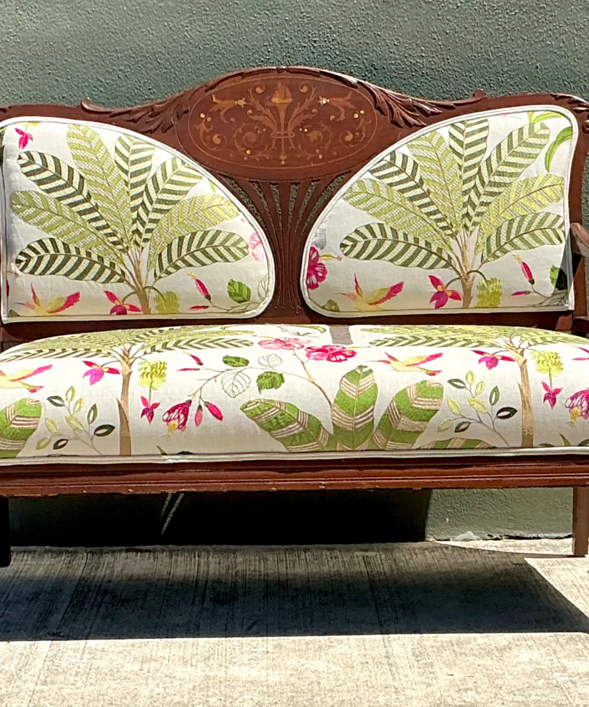 Vintage Carved Wood Settee with Embroidered Botanical Upholstery — additional photo 2