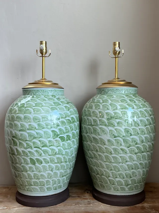 Vintage Monumental Scalloped Green Ceramic Lamps - Pair — additional photo 1