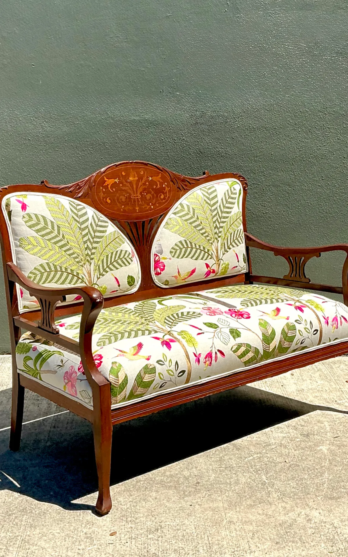 Vintage Carved Wood Settee with Embroidered Botanical Upholstery — additional photo 3