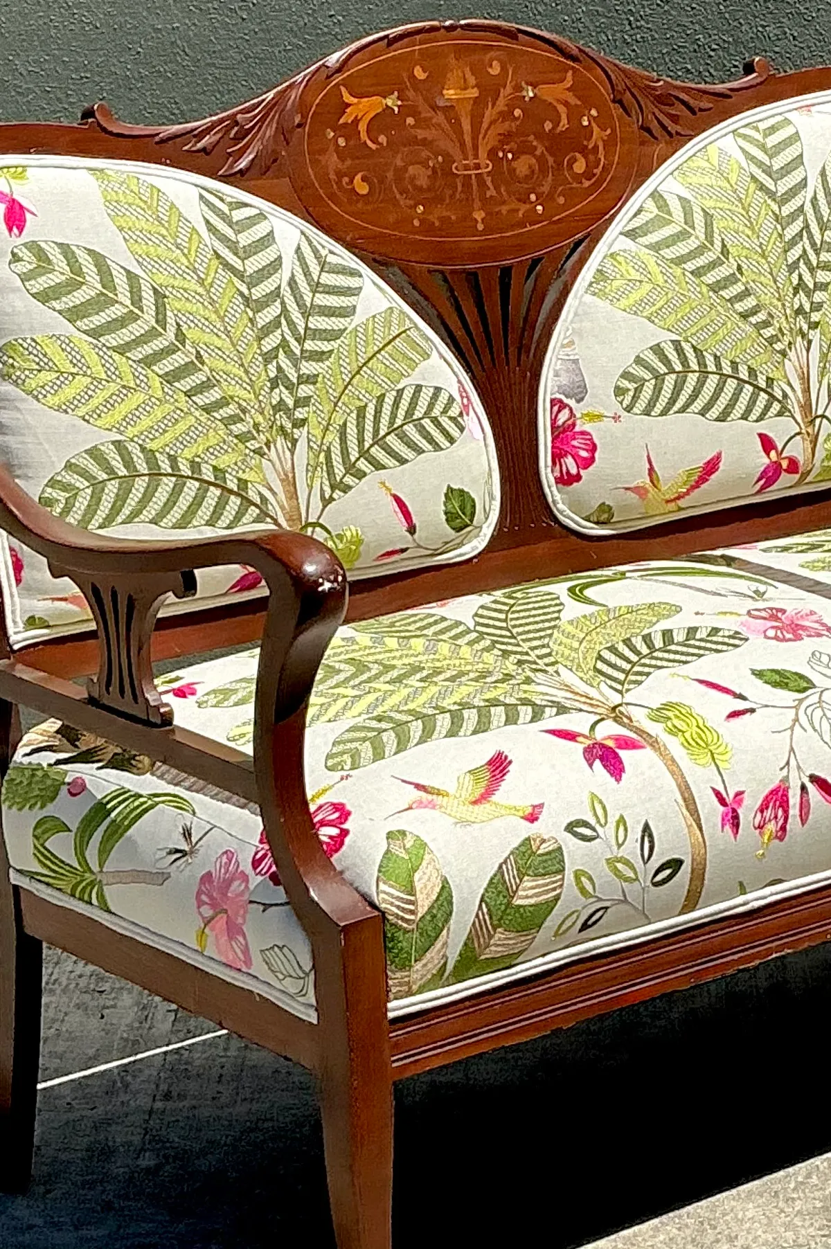 Vintage Carved Wood Settee with Embroidered Botanical Upholstery — additional photo 1