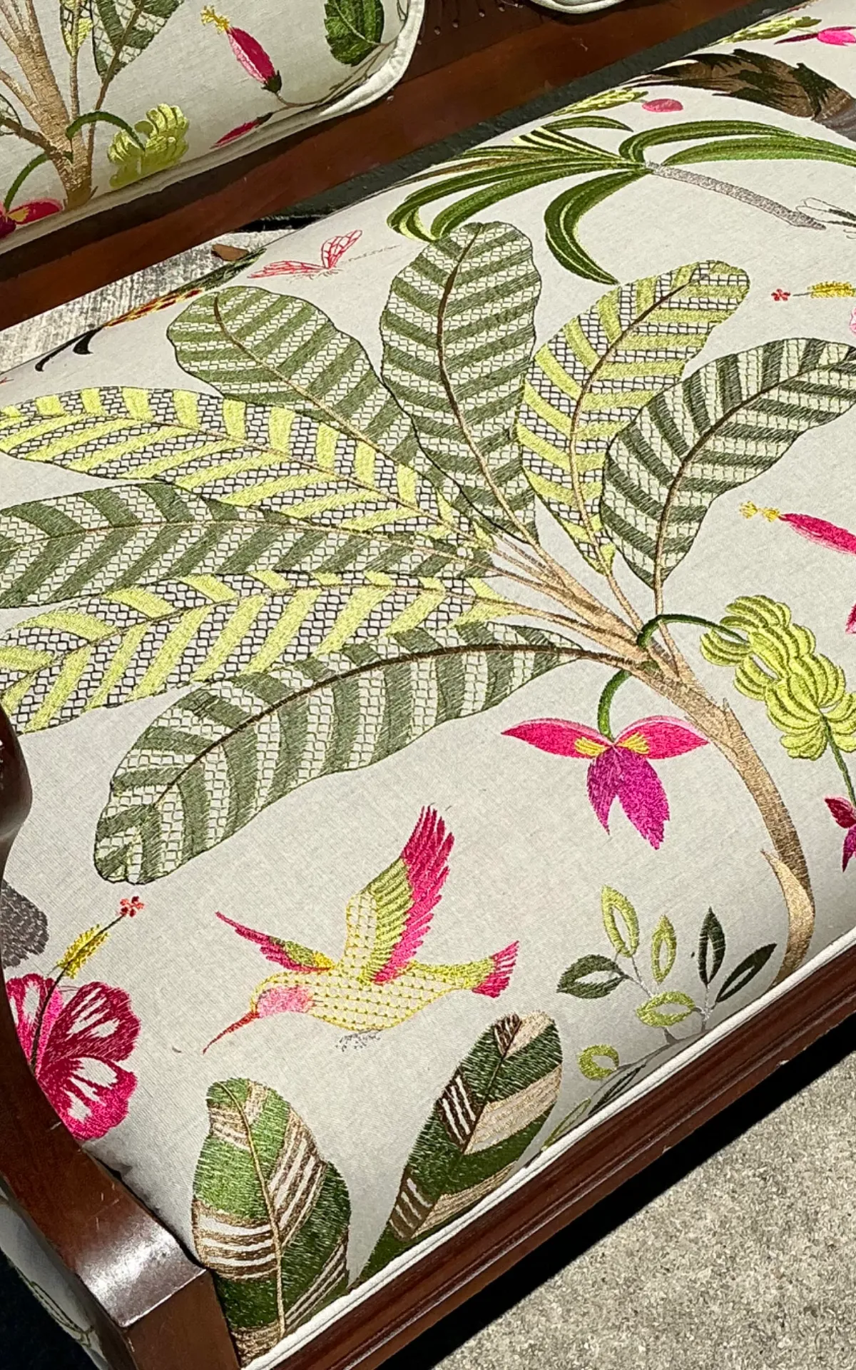 Vintage Carved Wood Settee with Embroidered Botanical Upholstery — additional photo 7
