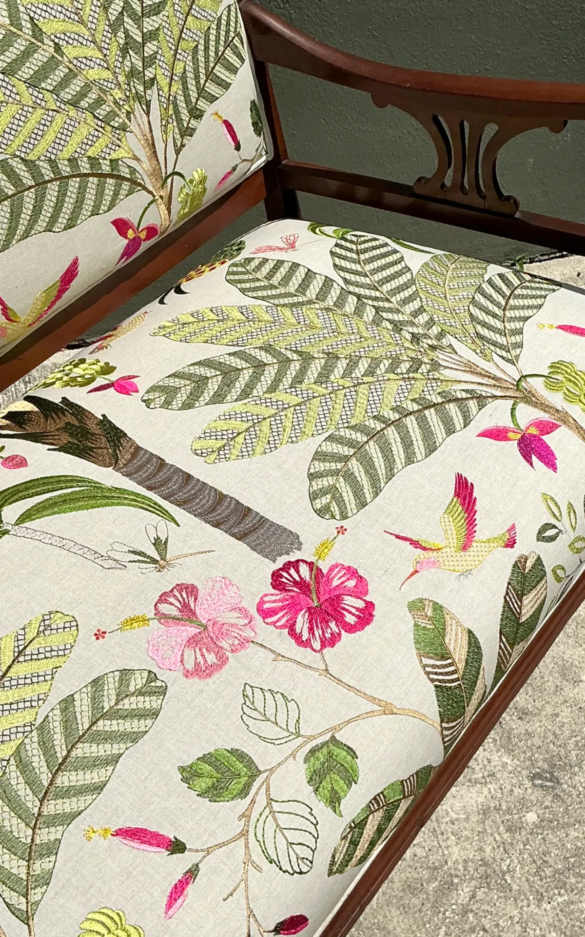 Vintage Carved Wood Settee with Embroidered Botanical Upholstery — additional photo 5