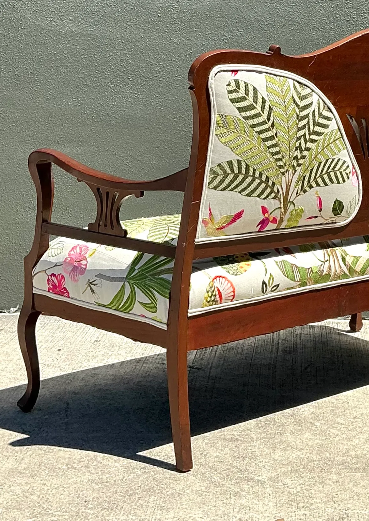 Vintage Carved Wood Settee with Embroidered Botanical Upholstery — additional photo 6