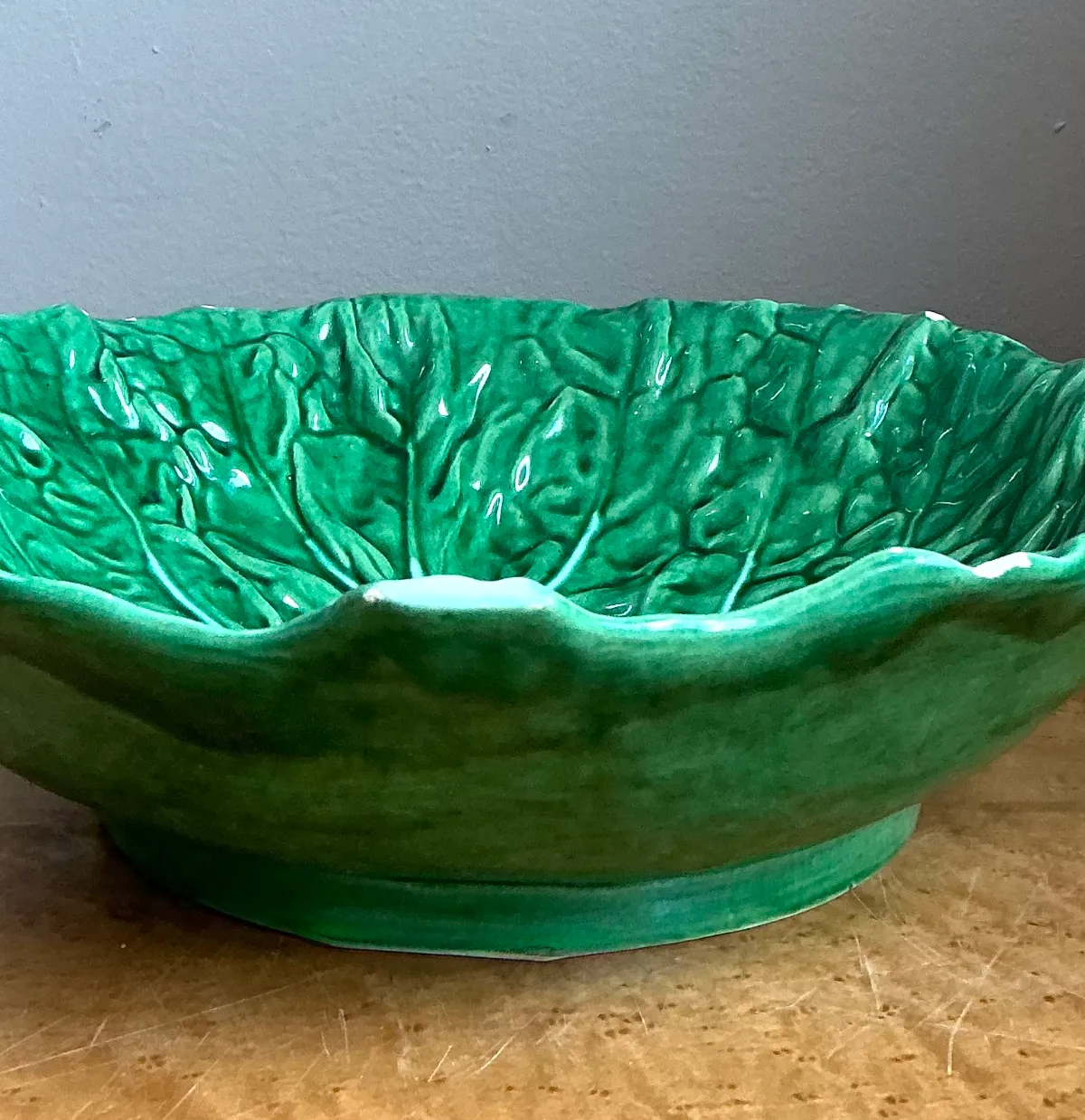 Vintage Portuguese Green Cabbage Leaf Ceramic Bowl
