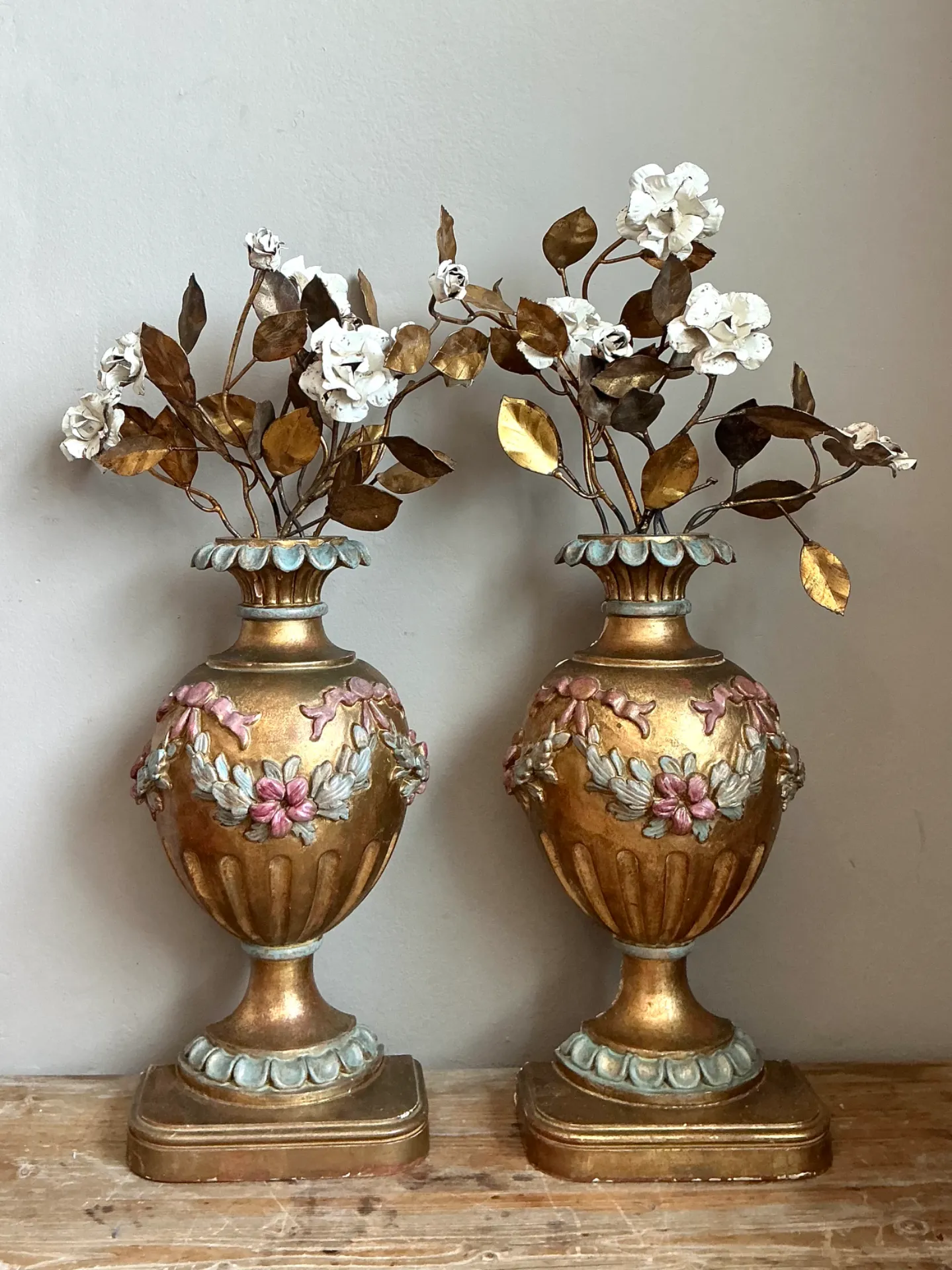 Vintage Italian Gold Plated Floral Urn Wall Sculptures - Pair — additional photo 8