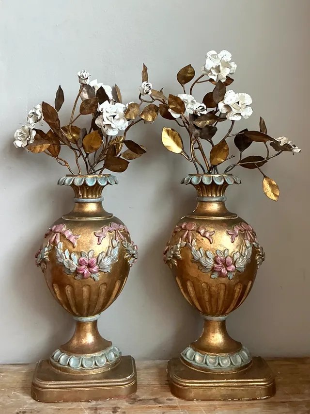 Vintage Italian Gold Plated Floral Urn Wall Sculptures - Pair — additional photo 2