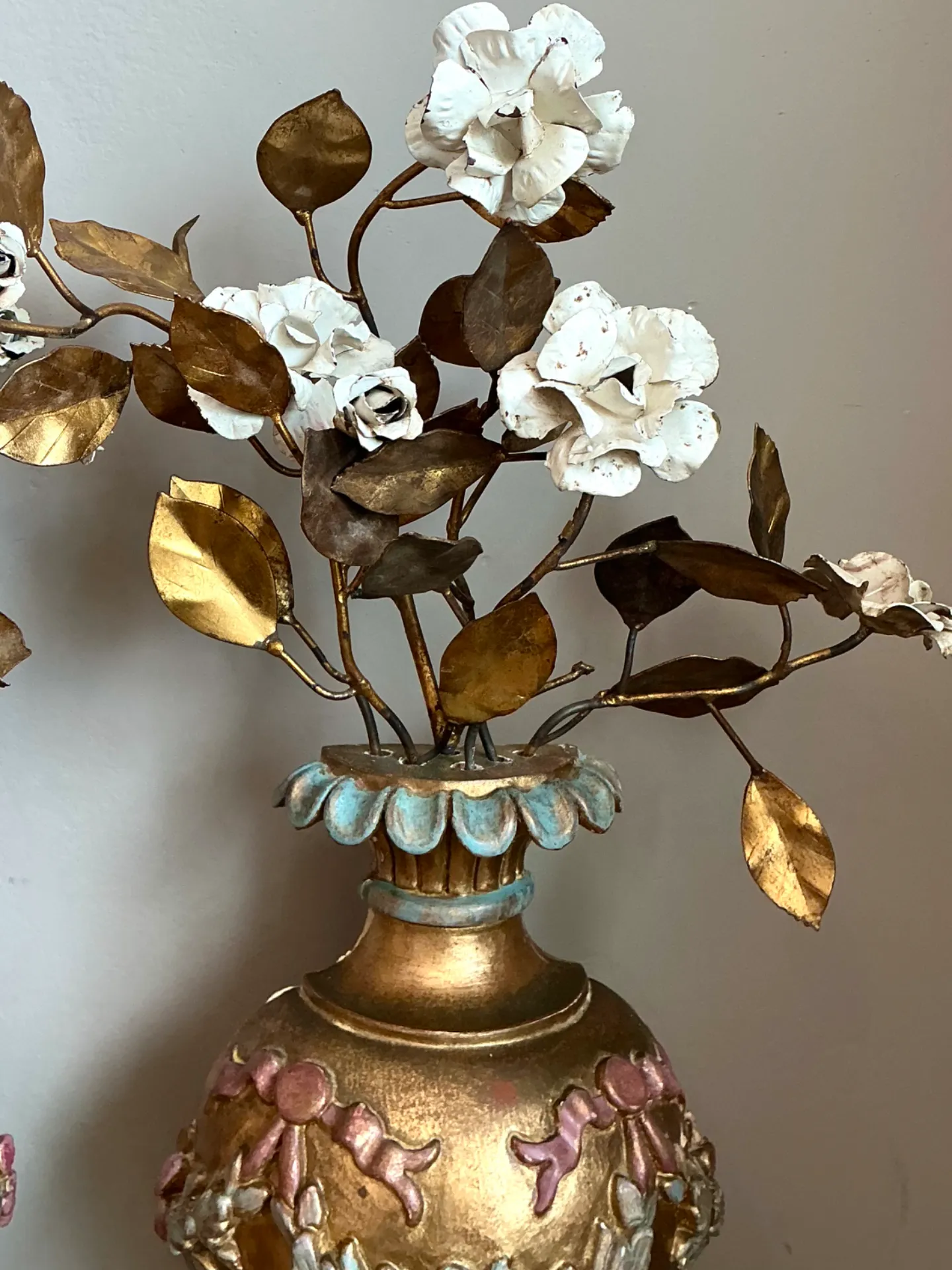 Vintage Italian Gold Plated Floral Urn Wall Sculptures - Pair — additional photo 1