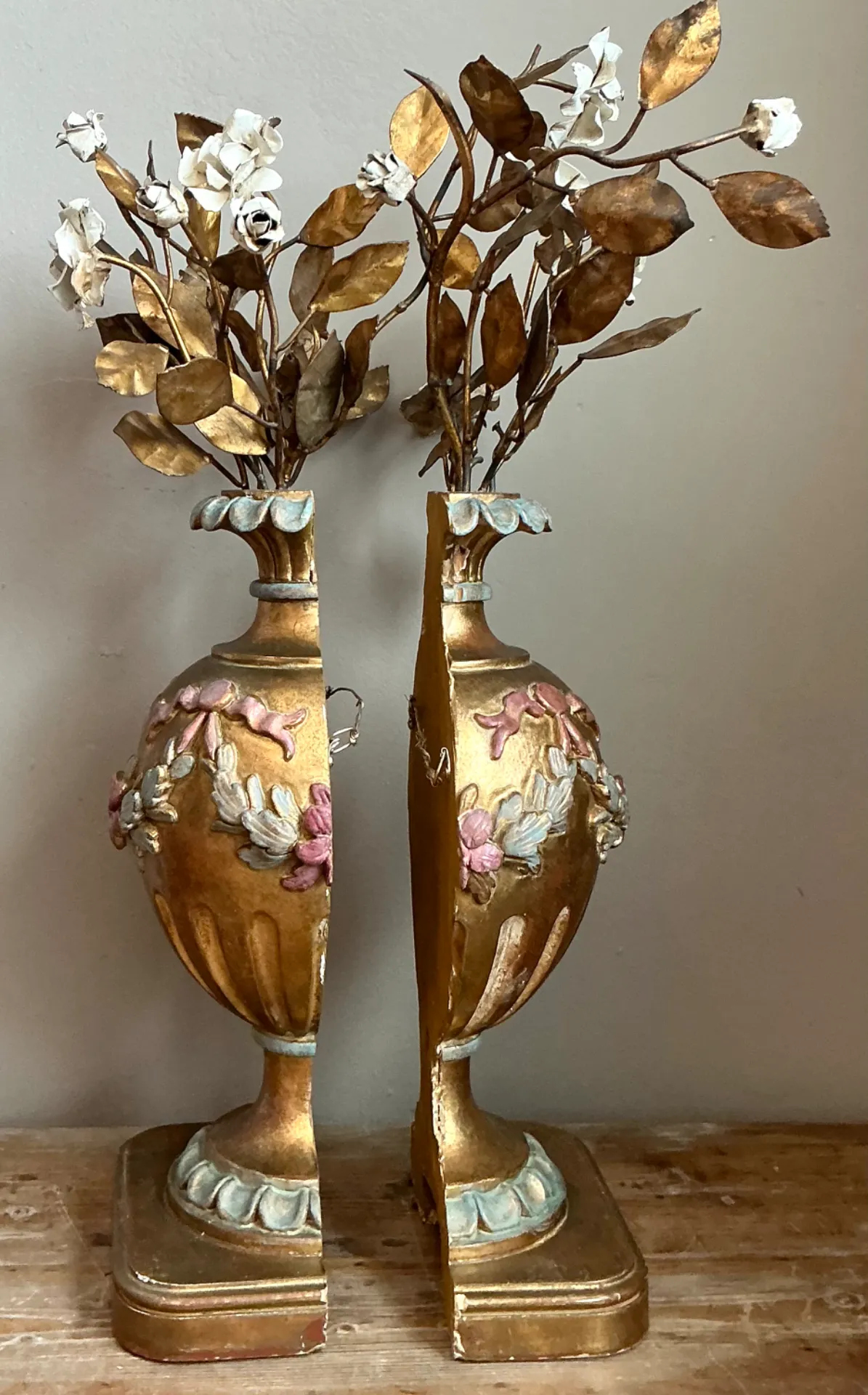Vintage Italian Gold Plated Floral Urn Wall Sculptures - Pair — additional photo 3