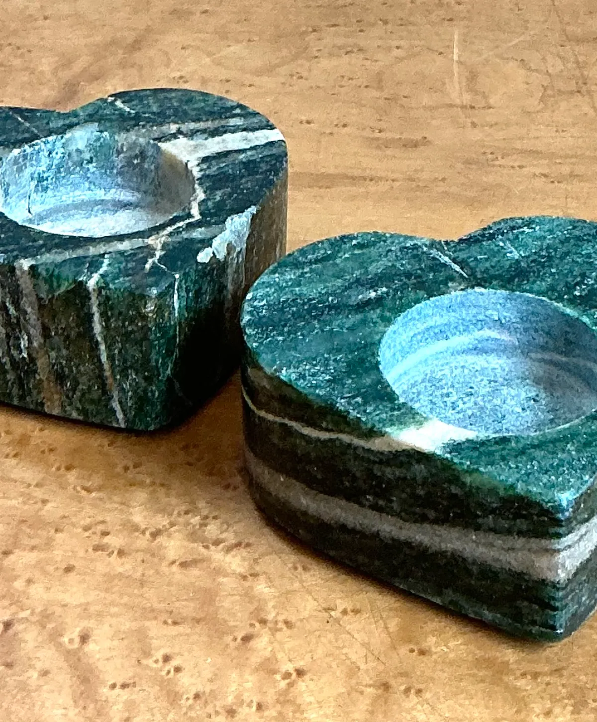 Vintage Green Stone Heart-Shaped Candle Holders