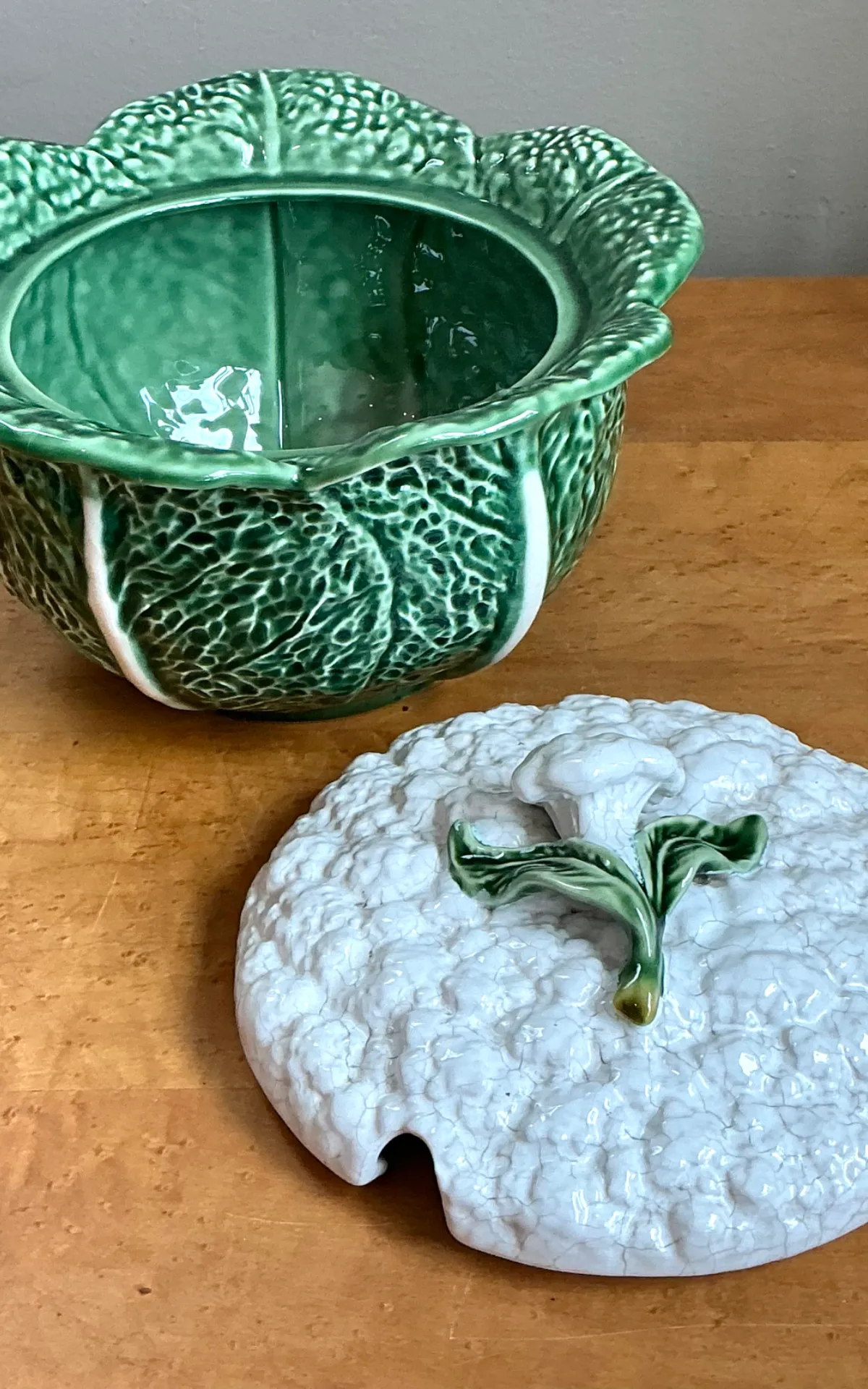 Vintage Portuguese Green Cabbage Leaf Ceramic Tureen