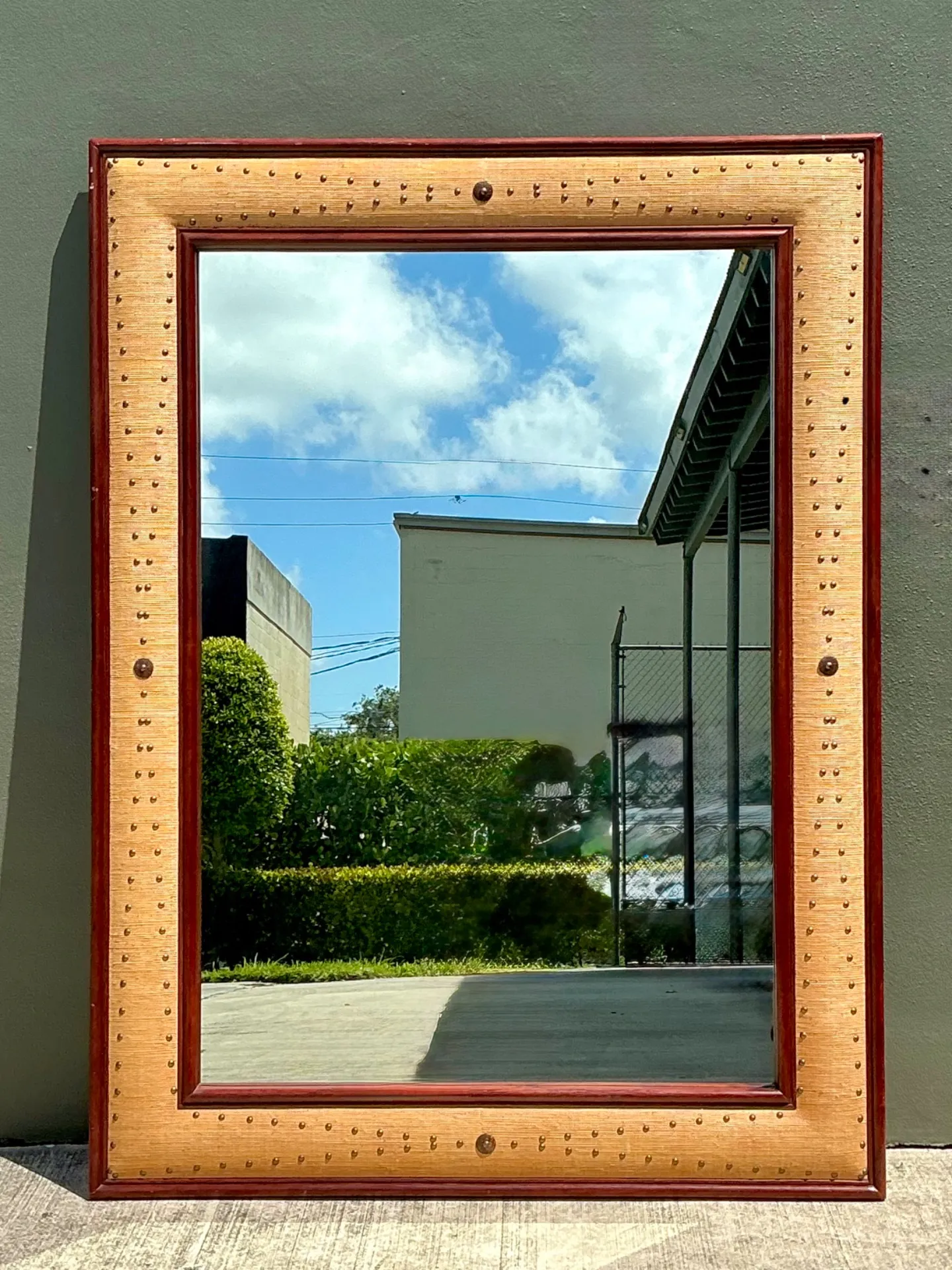 Vintage Seagrass Studded Wood Floor Mirror — additional photo 3