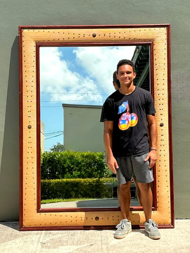 Vintage Seagrass Studded Wood Floor Mirror — additional photo 1