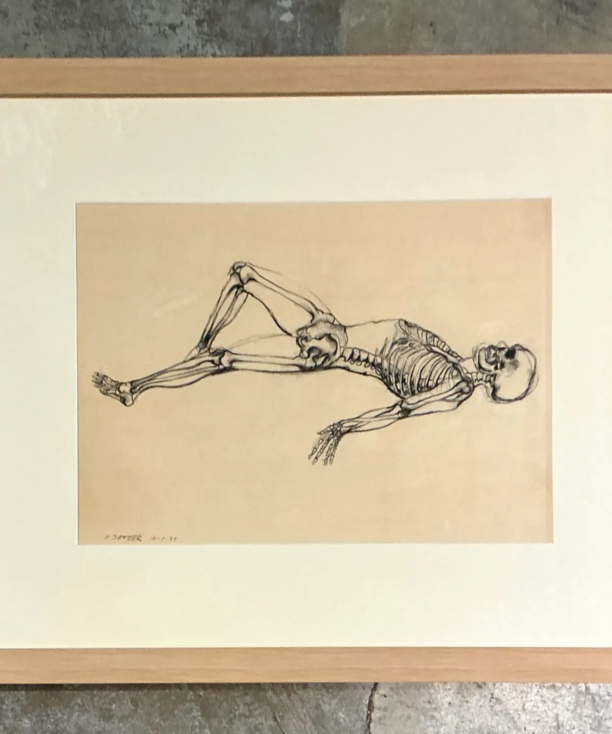 Vintage Framed Reclining Skeleton Study on Paper — additional photo 4