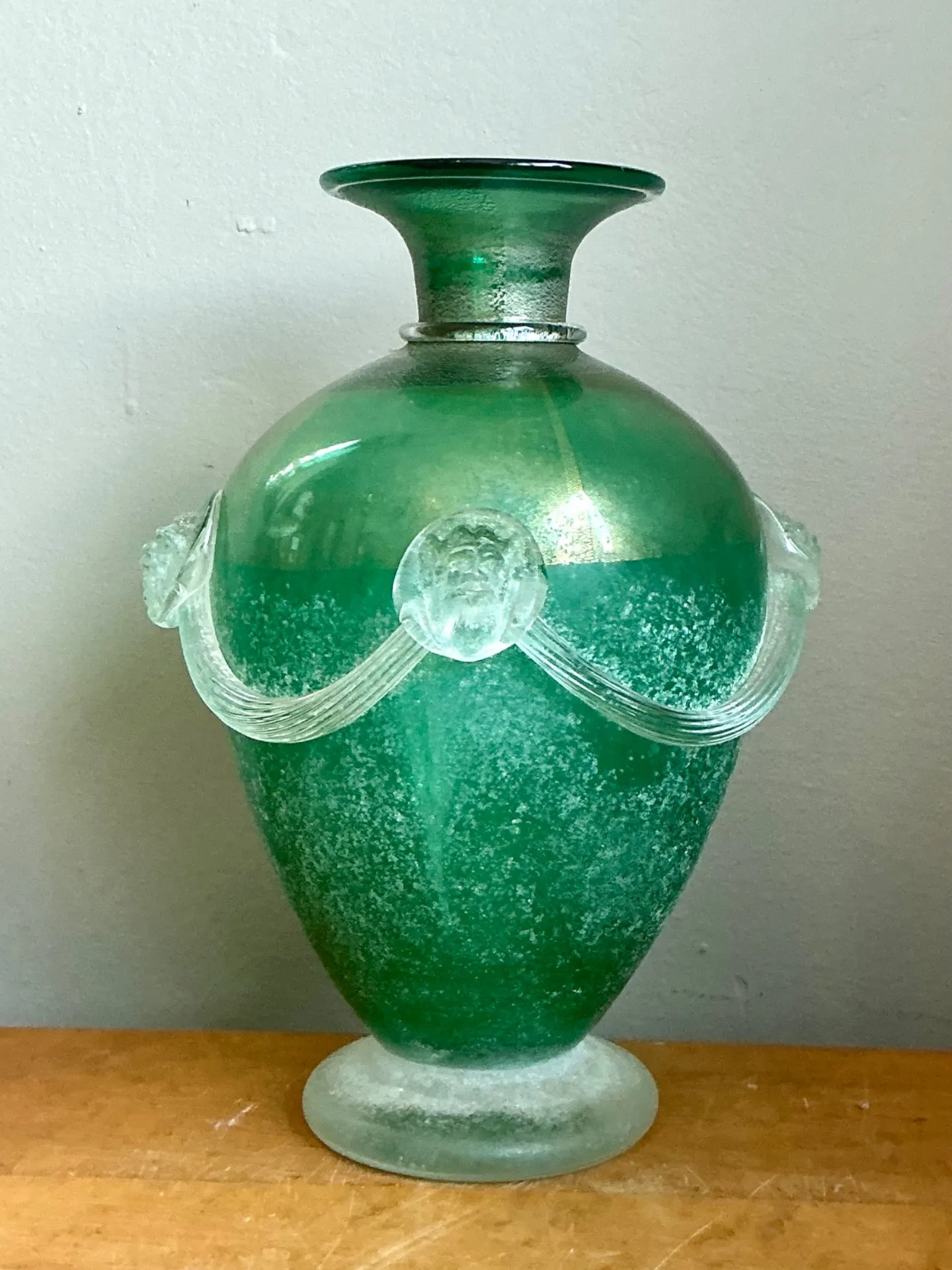Vintage Green Art Glass Vase with Relief Faces — additional photo 4