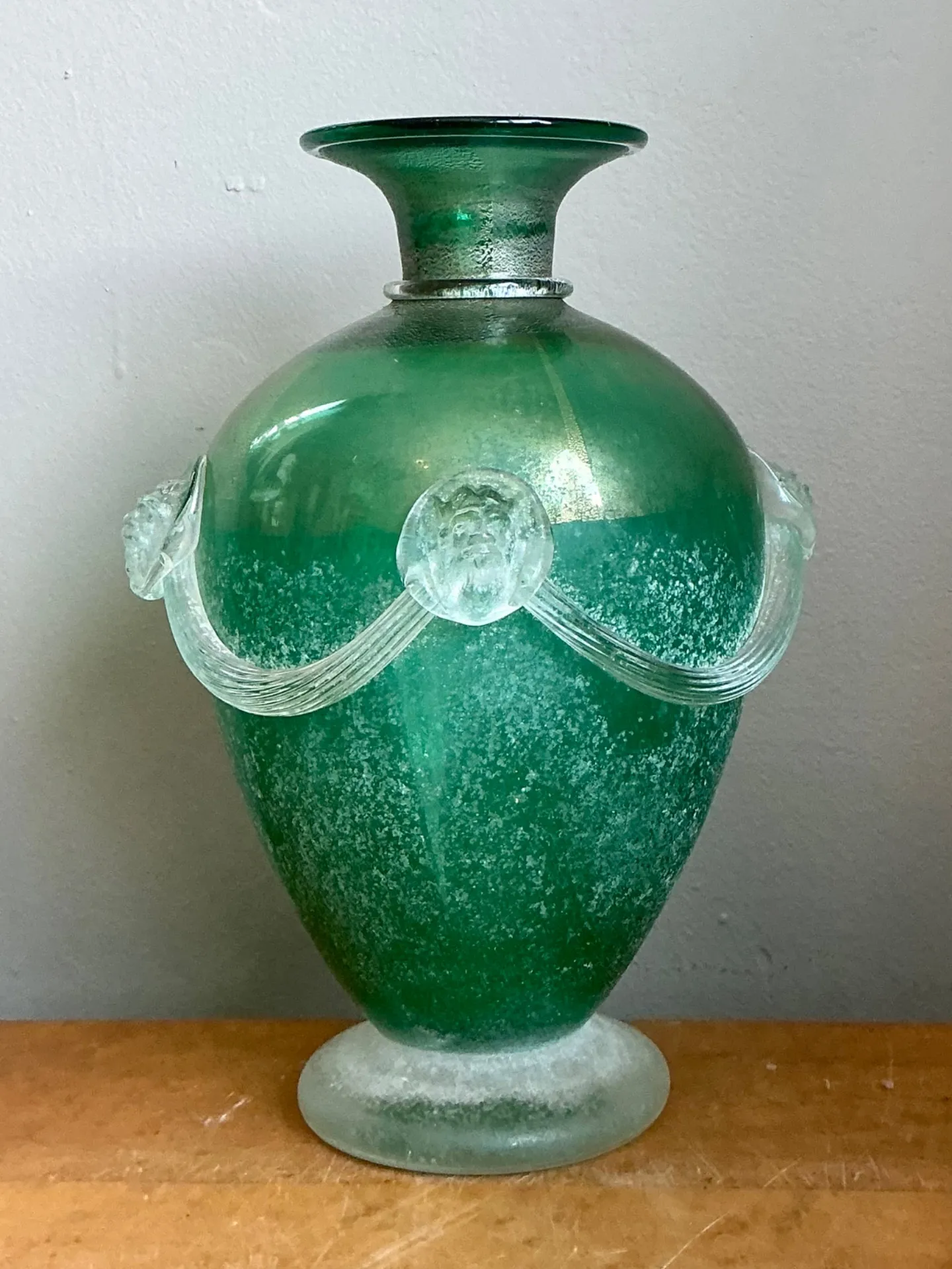 Vintage Green Art Glass Vase with Relief Faces — additional photo 1