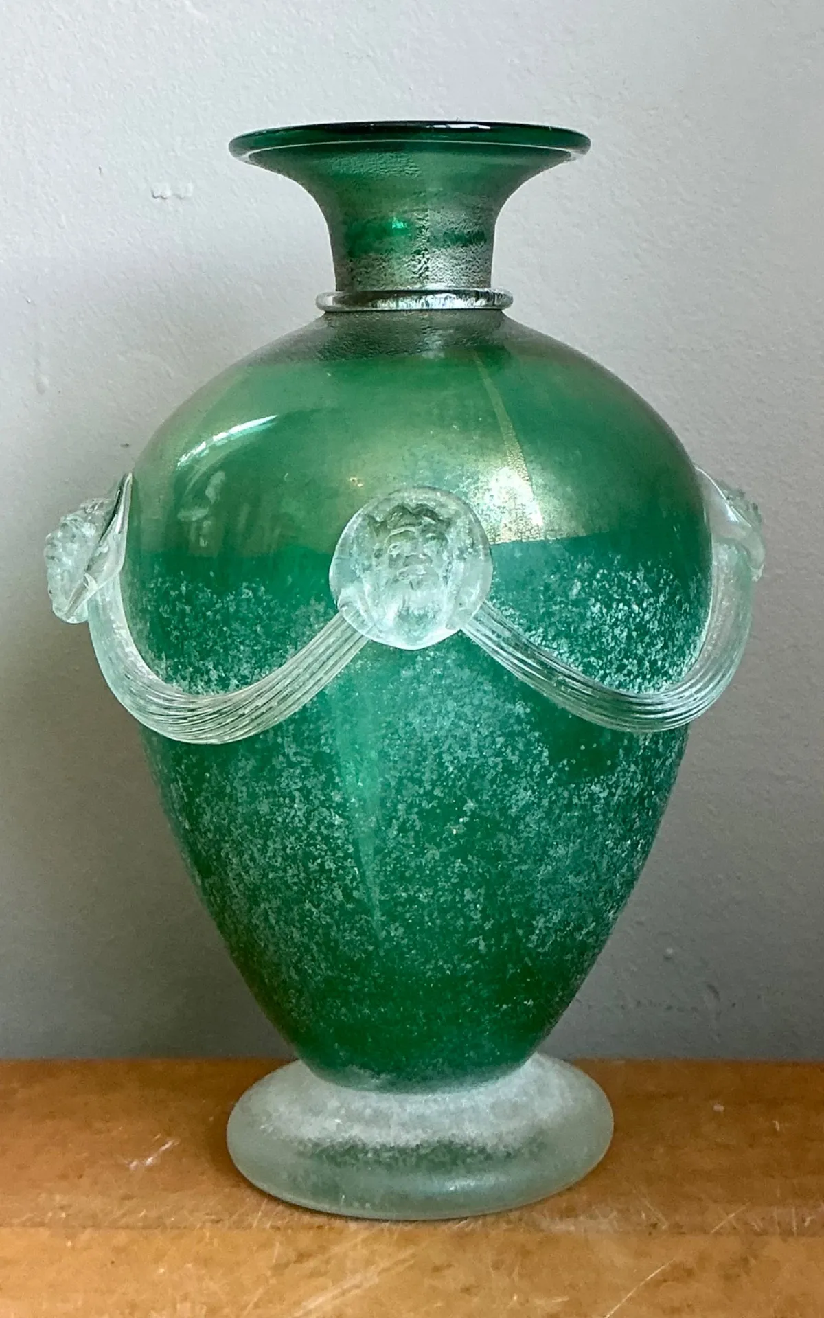 Vintage Green Art Glass Vase with Relief Faces
