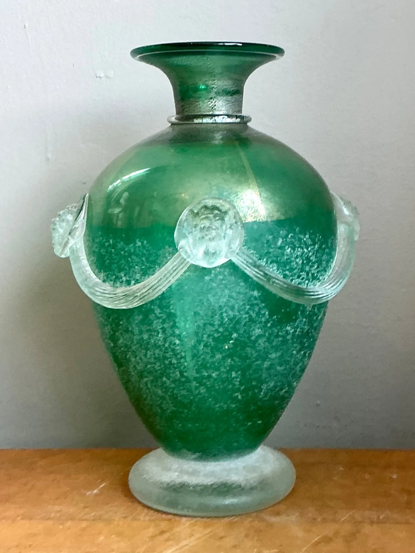 Vintage Green Art Glass Vase with Relief Faces — additional photo 5