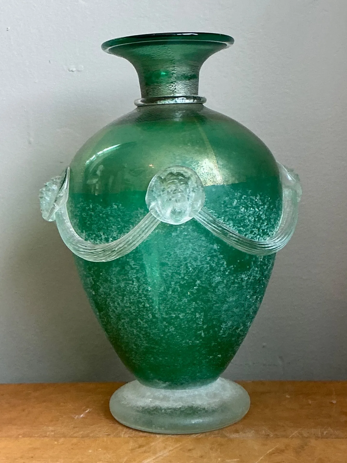 Vintage Green Art Glass Vase with Relief Faces — additional photo 7