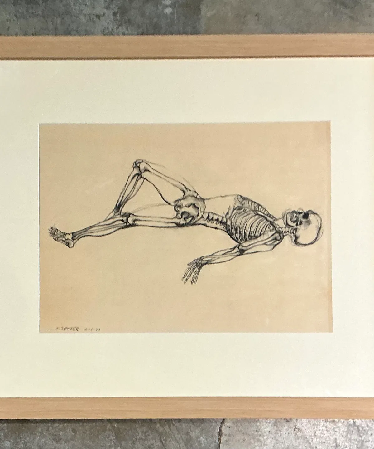 Vintage Framed Reclining Skeleton Study on Paper — additional photo 7