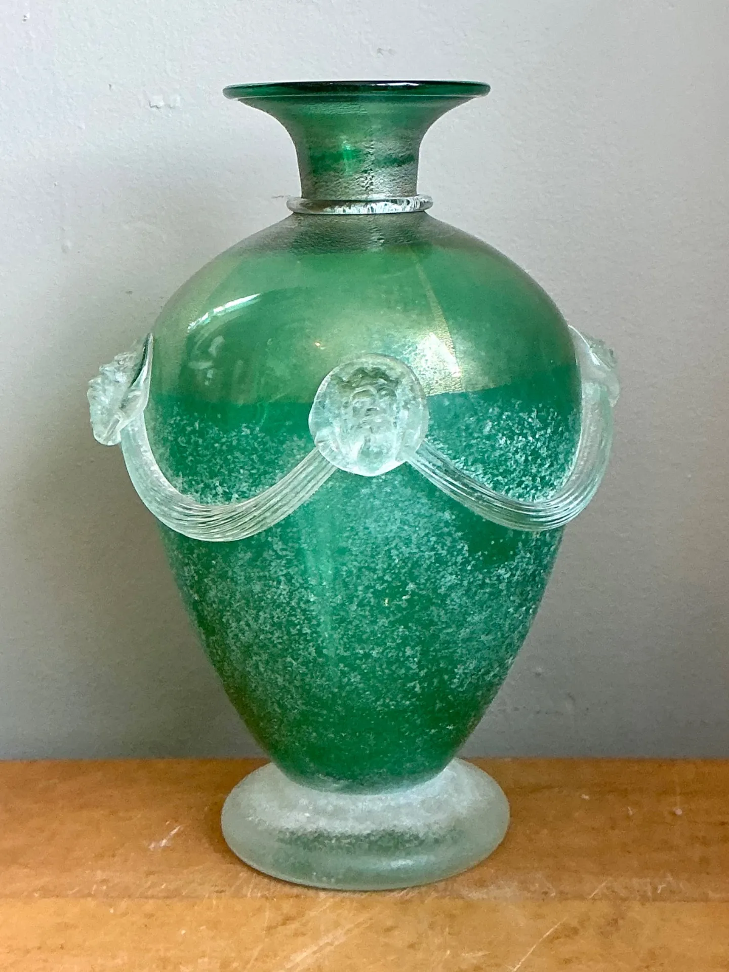 Vintage Green Art Glass Vase with Relief Faces — additional photo 3