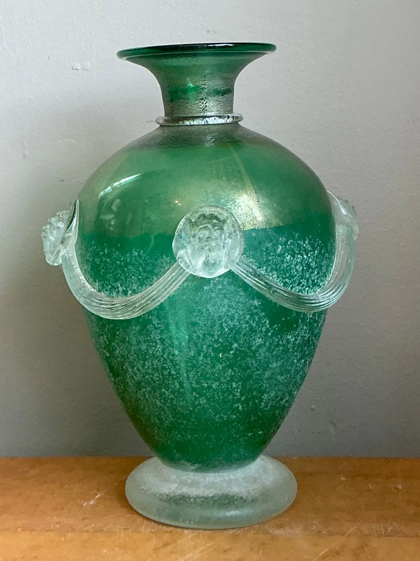 Vintage Green Art Glass Vase with Relief Faces — additional photo 2