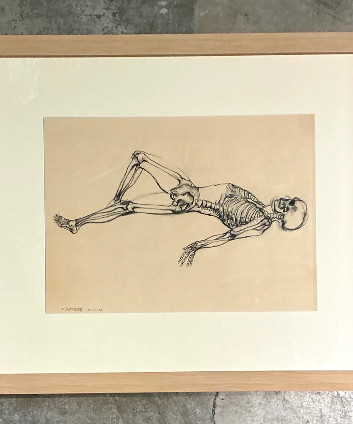 Vintage Framed Reclining Skeleton Study on Paper — additional photo 1