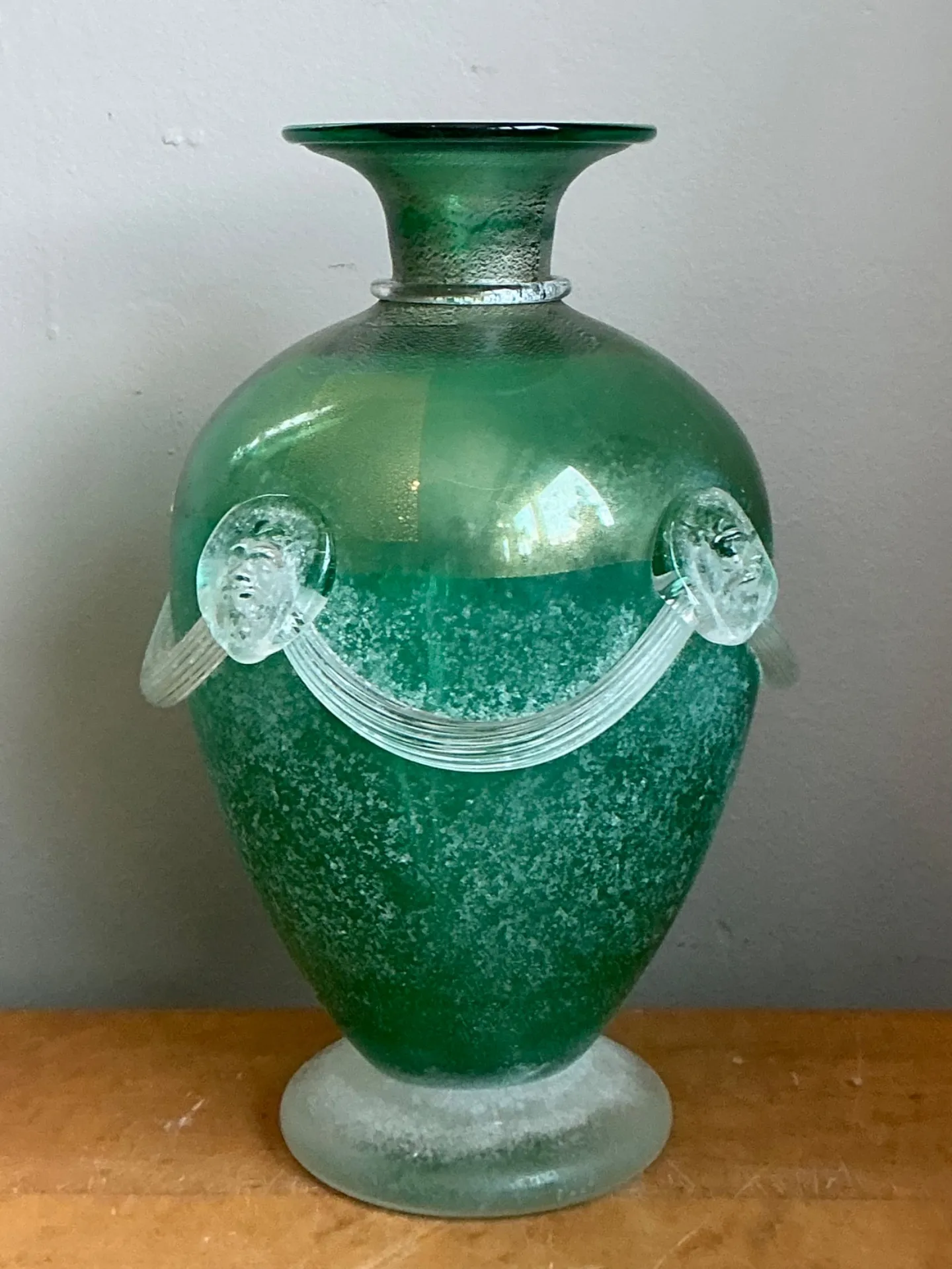 Vintage Green Art Glass Vase with Relief Faces — additional photo 6