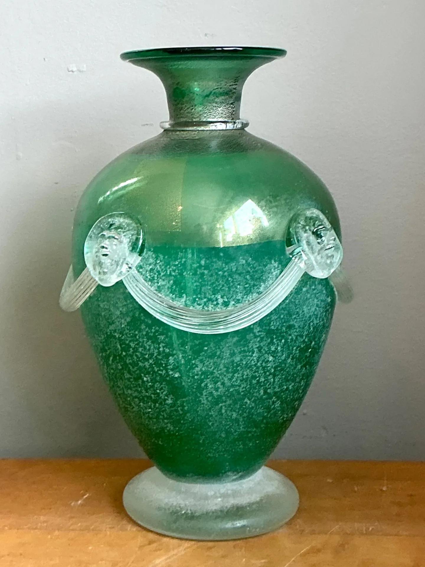 Vintage Green Art Glass Vase with Relief Faces — additional photo 8