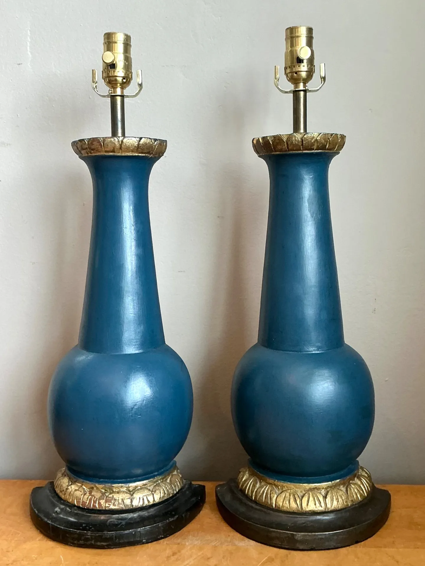 Vintage Blue Gilt Accented Table Wood Half Lamps - Pair — additional photo 6