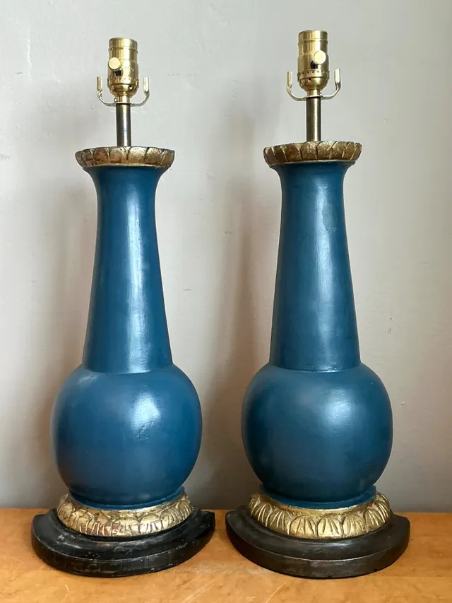 Vintage Blue Gilt Accented Table Wood Half Lamps - Pair — additional photo 1