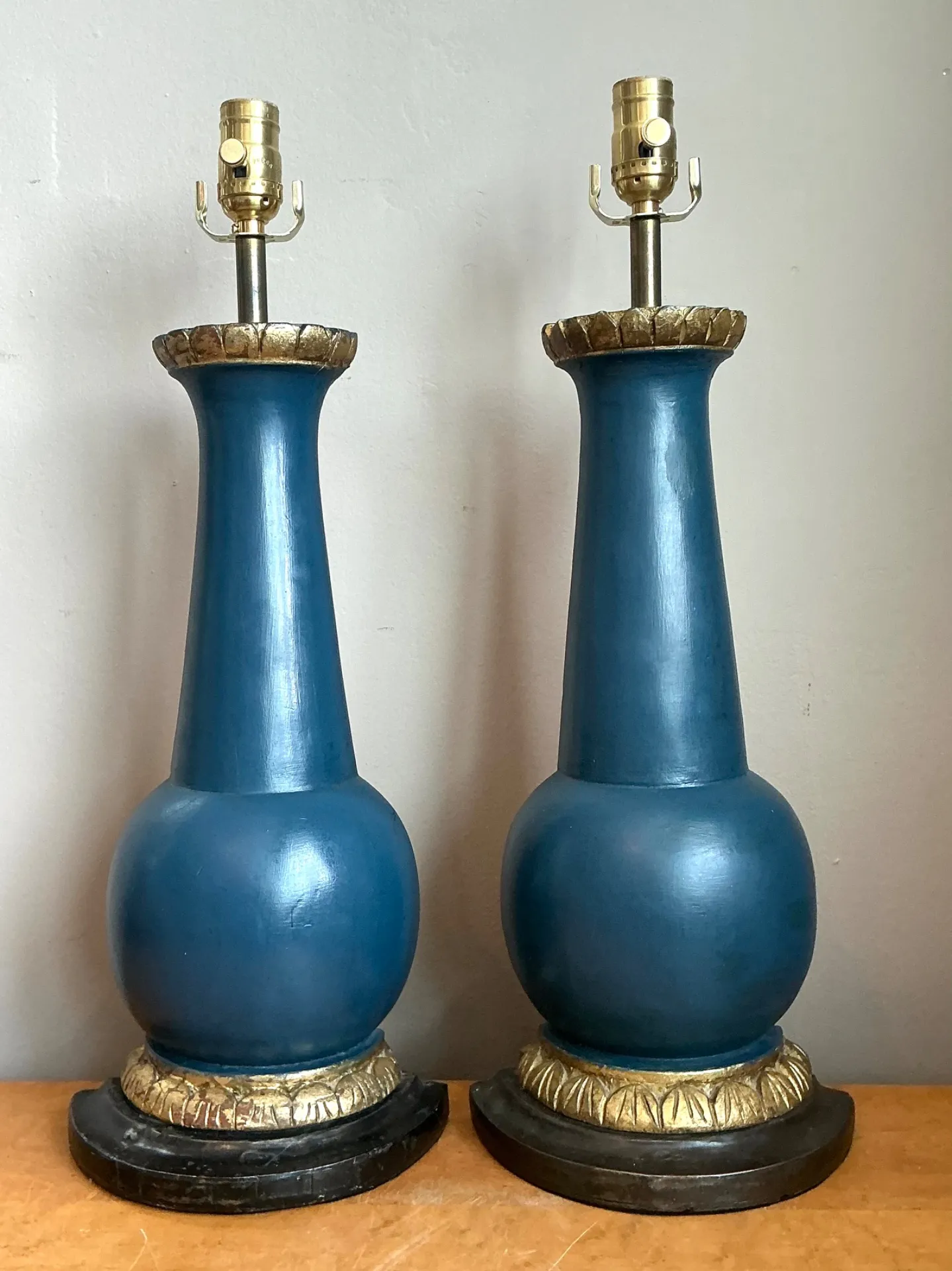 Vintage Blue Gilt Accented Table Wood Half Lamps - Pair — additional photo 3