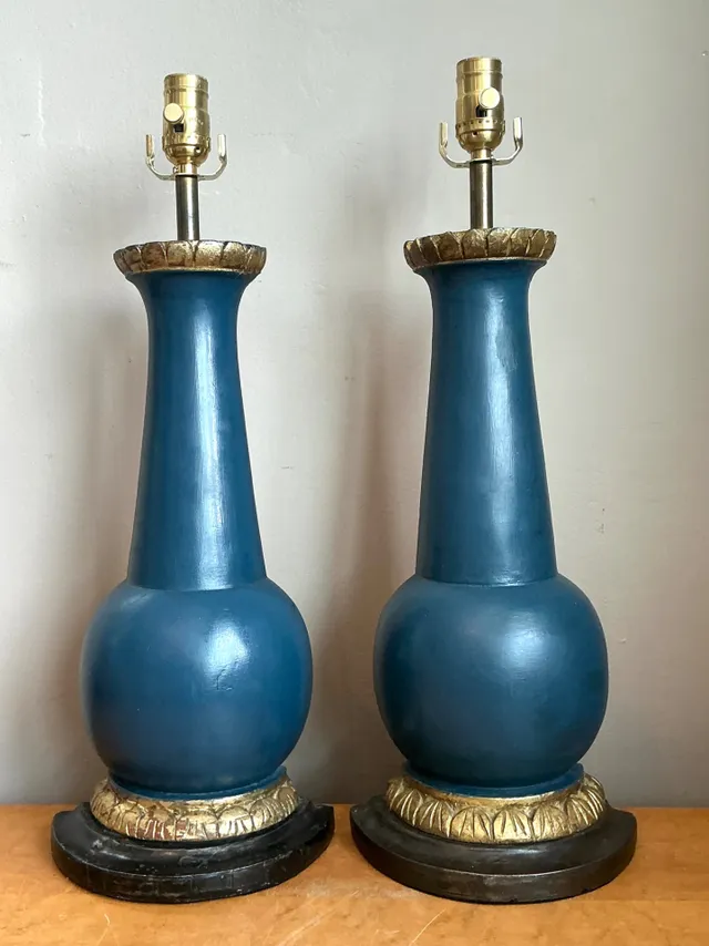 Vintage Blue Gilt Accented Table Wood Half Lamps - Pair — additional photo 3