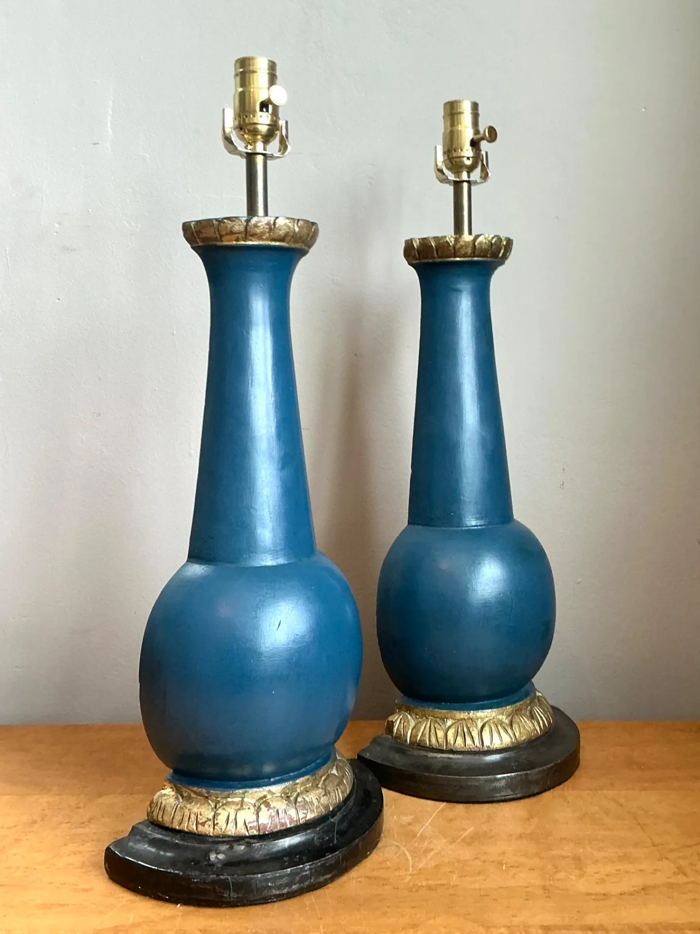 Vintage Blue Gilt Accented Table Wood Half Lamps - Pair — additional photo 5