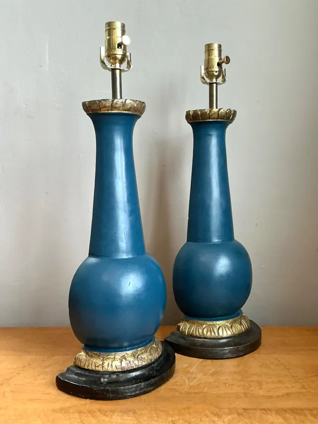 Vintage Blue Gilt Accented Table Wood Half Lamps - Pair — additional photo 8
