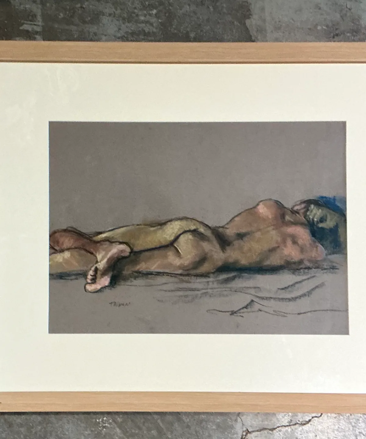 Vintage Framed Reclining Nude Pastel Drawing — additional photo 3