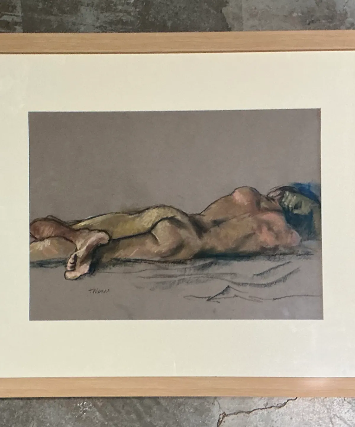 Vintage Framed Reclining Nude Pastel Drawing — additional photo 1
