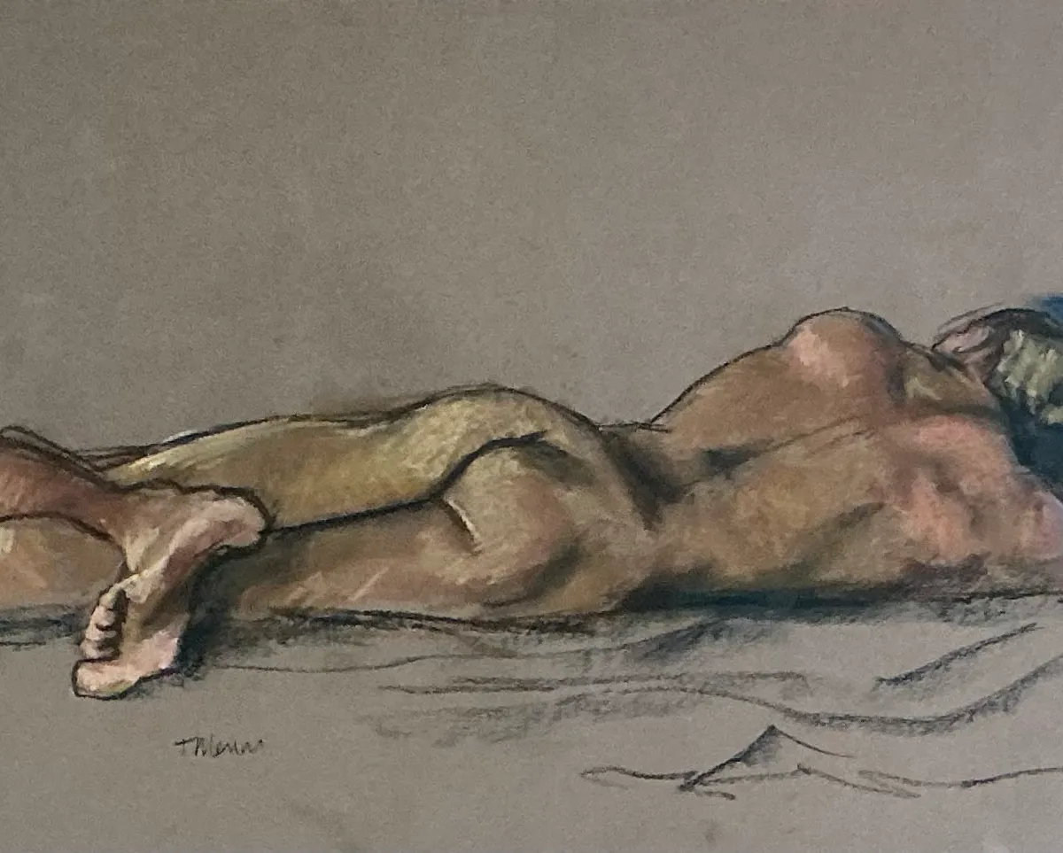 Vintage Framed Reclining Nude Pastel Drawing — additional photo 2