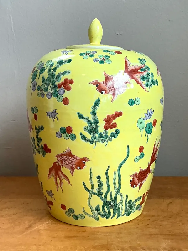 Vintage Yellow Ceramic Fish Motif Jar — additional photo 2