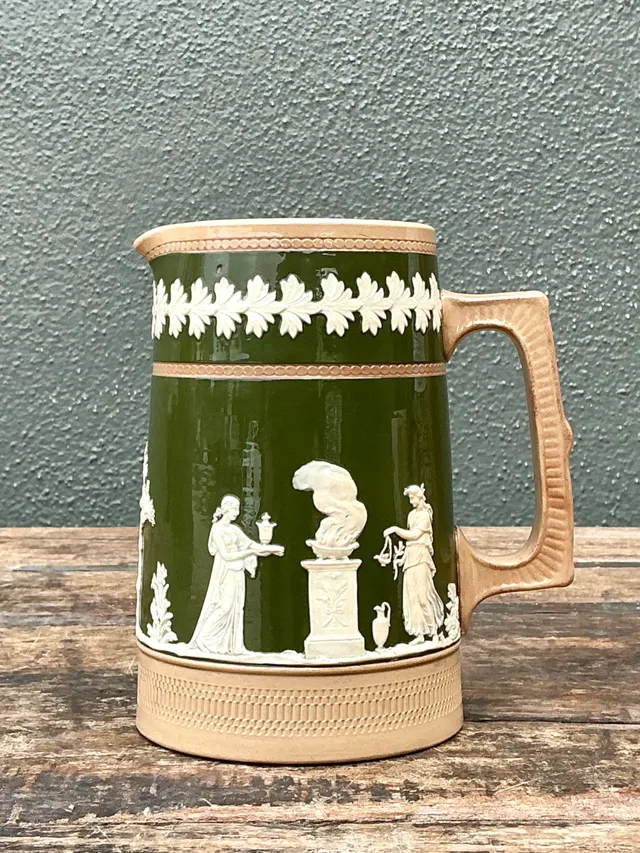 Vintage Spode Copeland Green and Tan Relief Ceramic Pitcher — additional photo 2